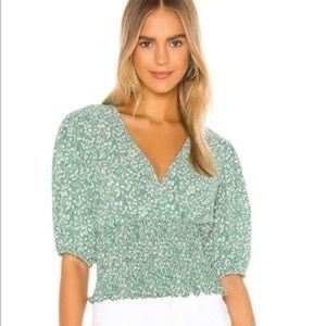 1.State Green Floral Ruched Puff Sleeve Top - Sz S